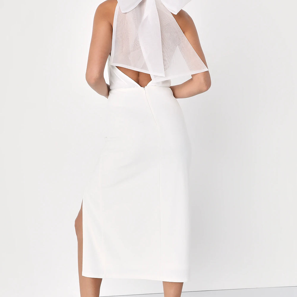 Back view of a woman wearing a White Organza Halter Bodycon Midi Dress