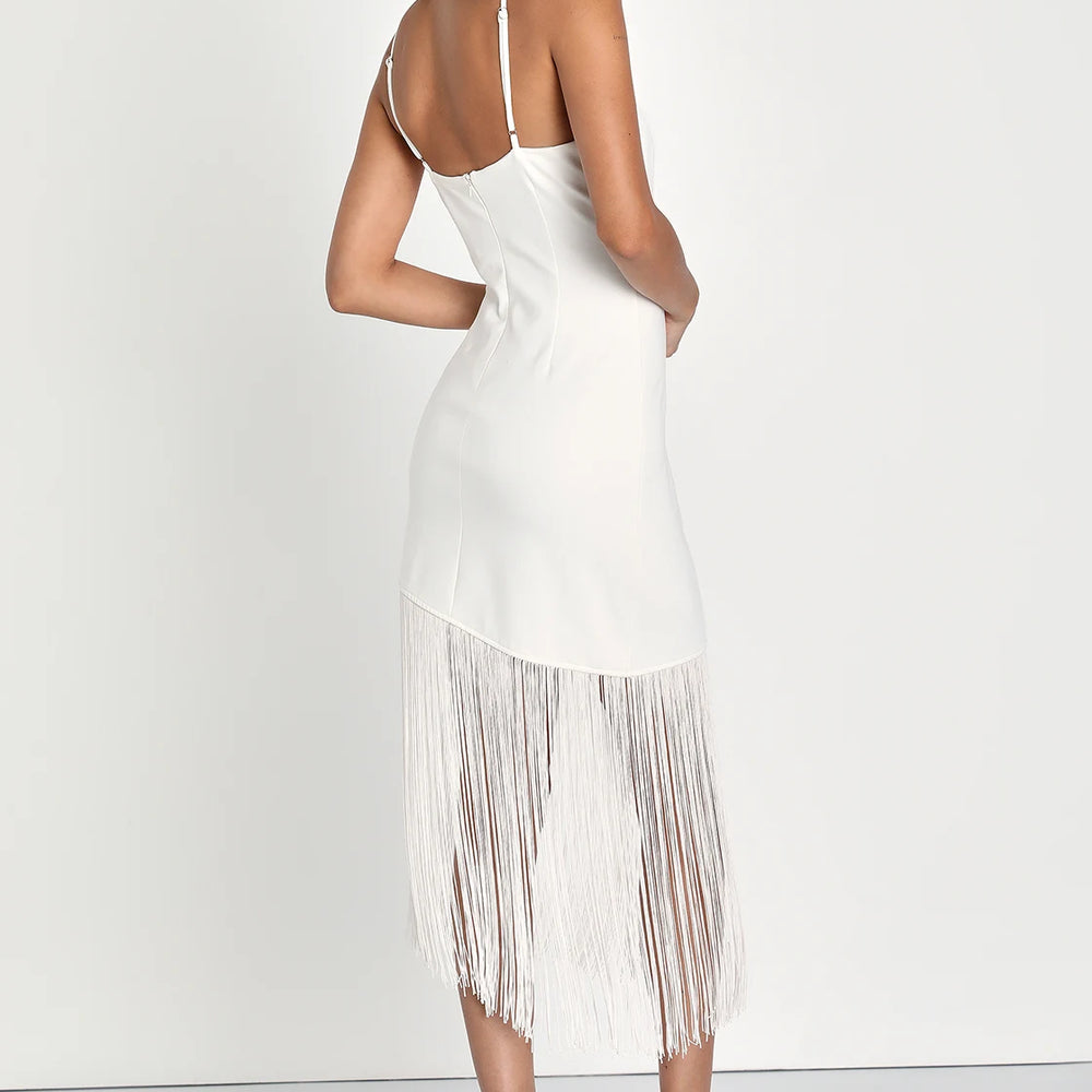 
                      
                        Back view of woman wearing a White Sleeveless Fringe Bodycon Midi Dress
                      
                    