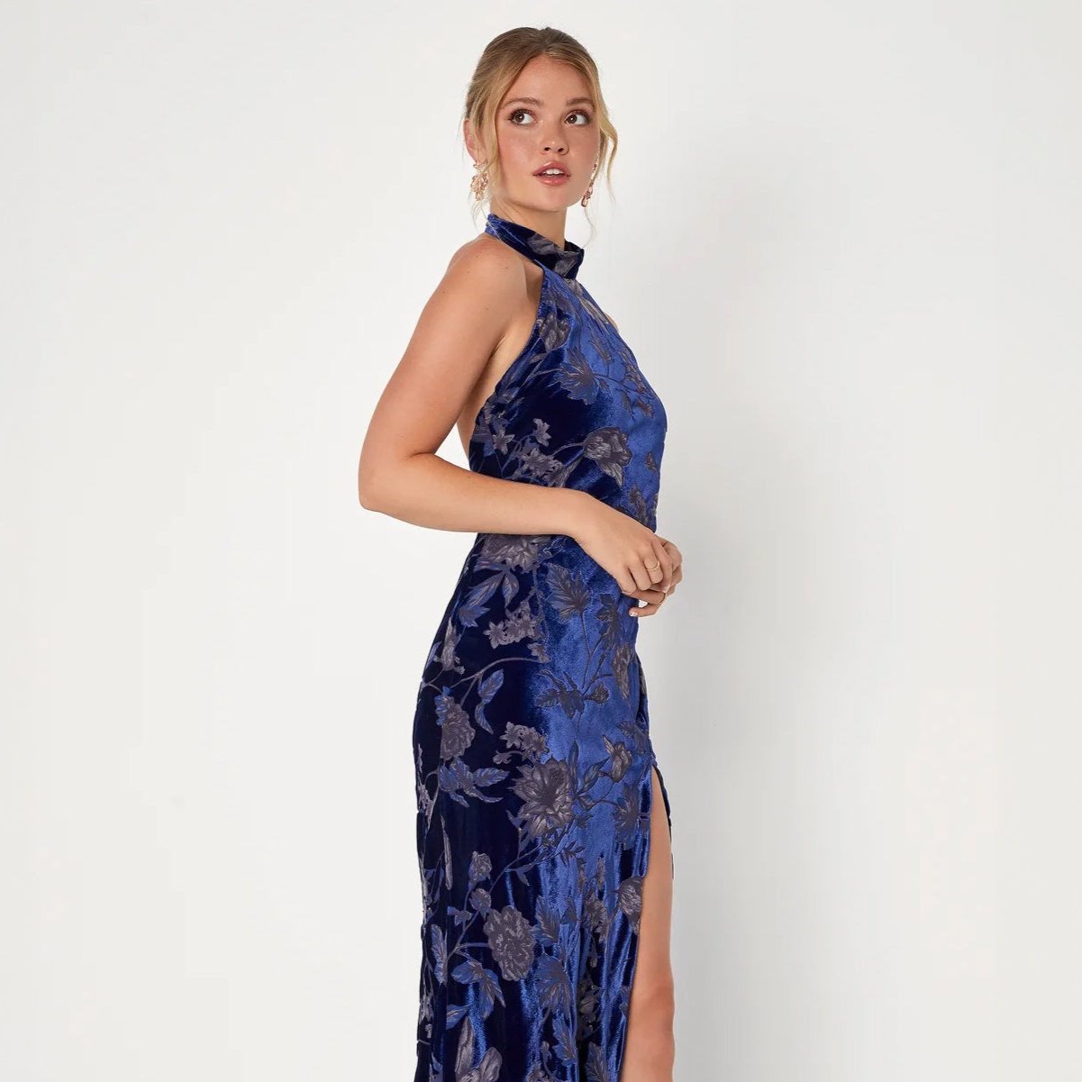 Lulus Dreamy Blossom Floral Burnout Velvet Halter Maxi Dress - Dark Blue