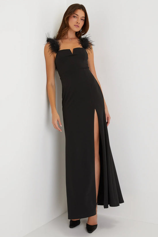 Front view of the Lulus Glamorous Impression Feather Strap Mermaid Maxi Dress in the color Black