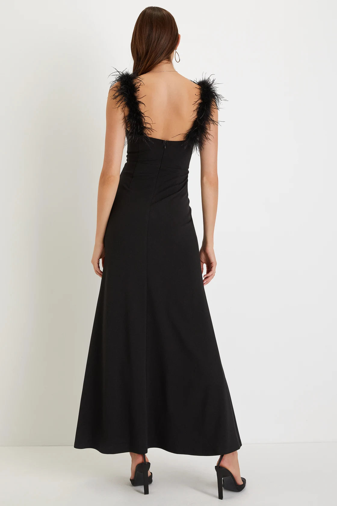 Back view of the Lulus Glamorous Impression Feather Strap Mermaid Maxi Dress in the color Black