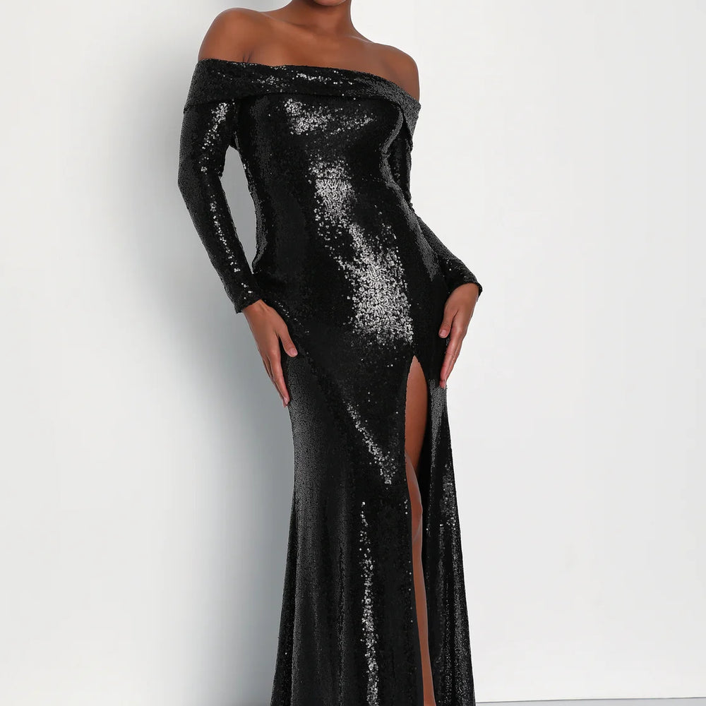 
                      
                        Lulus Party Icon Sequin Off-Shoulder Long Sleeve Maxi Dress - Black
                      
                    