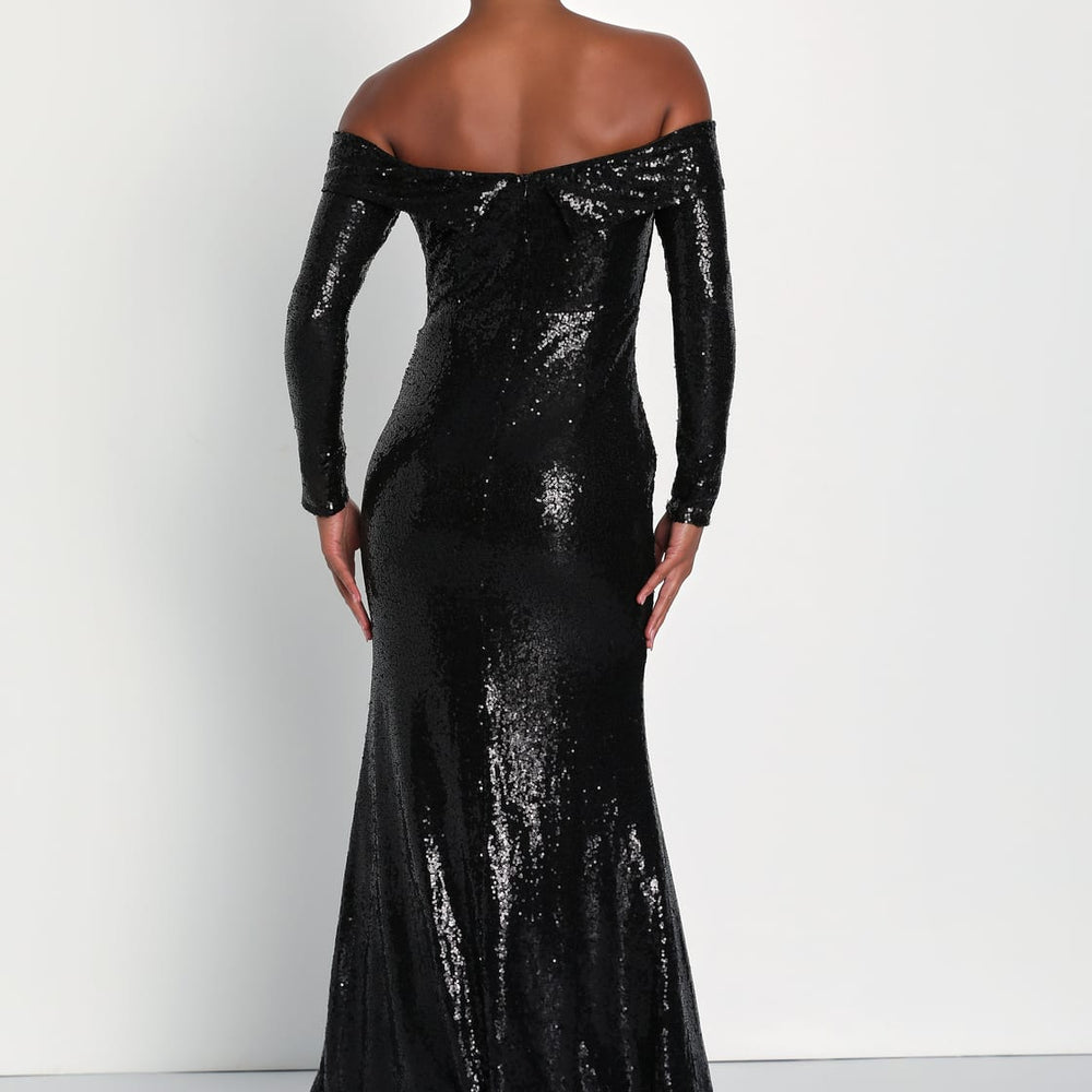 Lulus Party Icon Sequin Off-Shoulder Long Sleeve Maxi Dress - Black