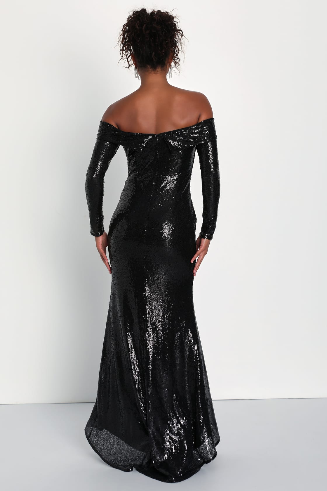 Lulus Party Icon Sequin Off-Shoulder Long Sleeve Maxi Dress - Black