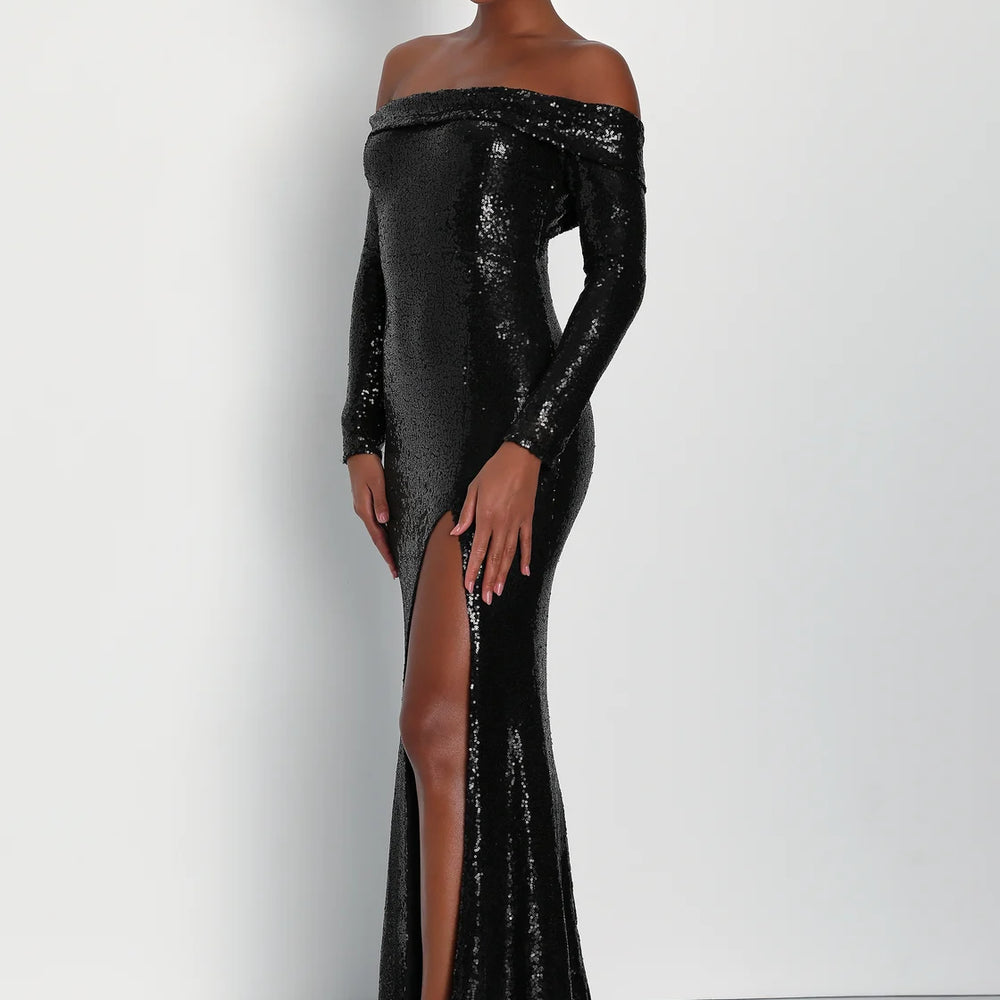 Lulus Party Icon Sequin Off-Shoulder Long Sleeve Maxi Dress - Black