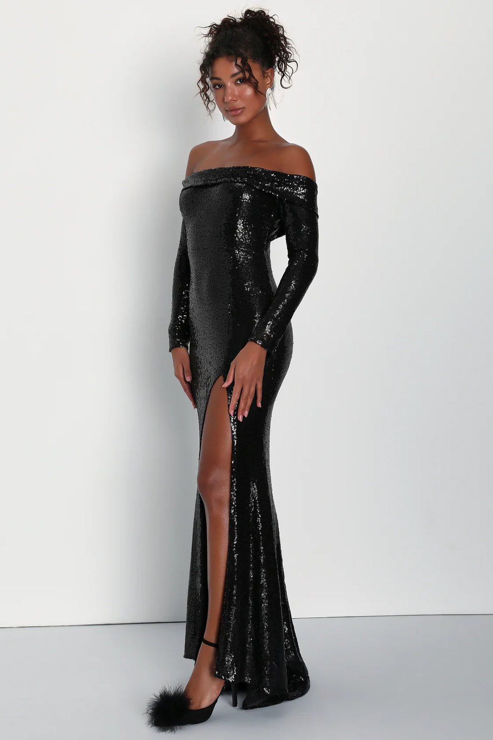 Lulus Party Icon Sequin Off-Shoulder Long Sleeve Maxi Dress - Black