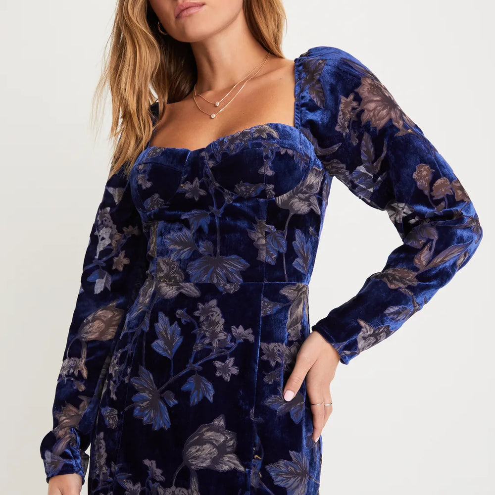 Front view of the Simply Decadent Navy Floral Velvet Burnout Bustier Mini Dress by Lulus