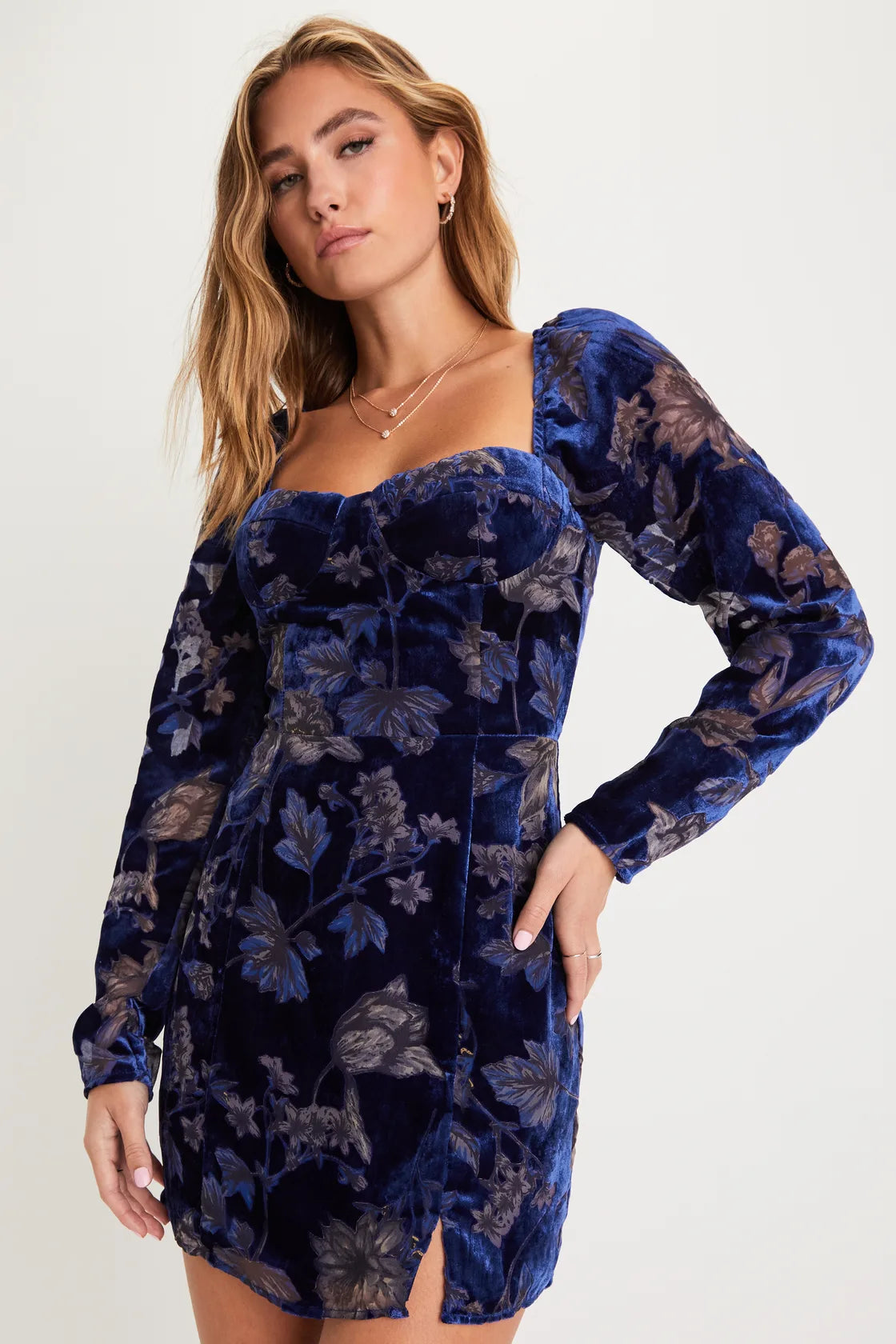 Front view of the Simply Decadent Navy Floral Velvet Burnout Bustier Mini Dress by Lulus