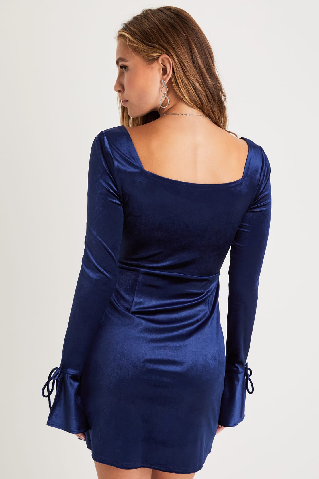 Back view of the Joyful Poise Navy Blue Velvet Long Sleeve Mini Dress by Lulus