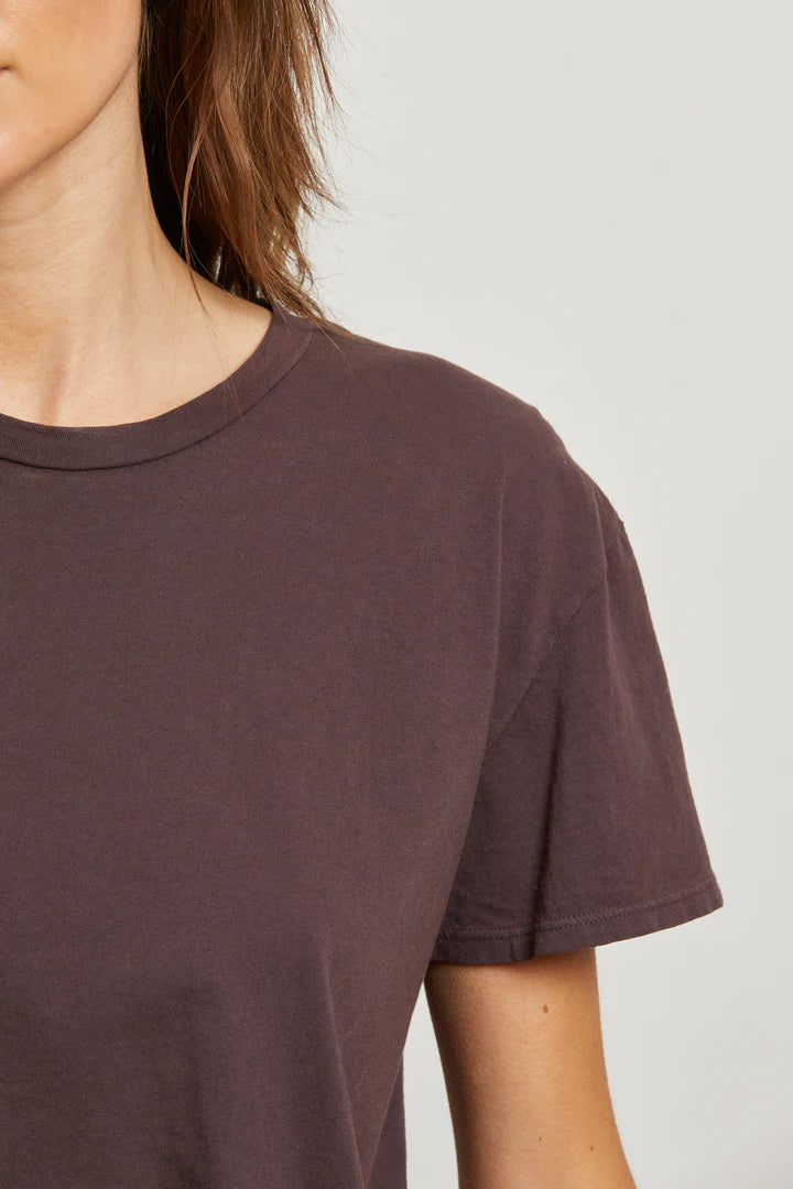 Women's brown short sleeve t-shirt with purple undertone