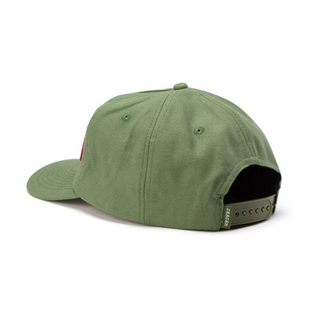 
                      
                        Adjustable fit snapback detail on the Green Uncle Bill Hemp Snapback Hat by the brand Seager.
                      
                    