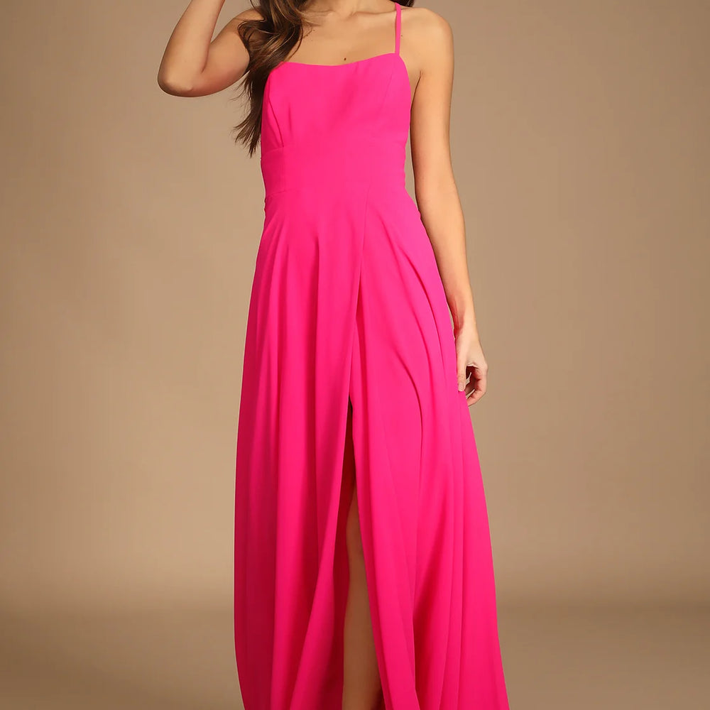 
                      
                        Front view of a woman wearing a Hot Pink Backless Maxi Dress by LuLu's
                      
                    