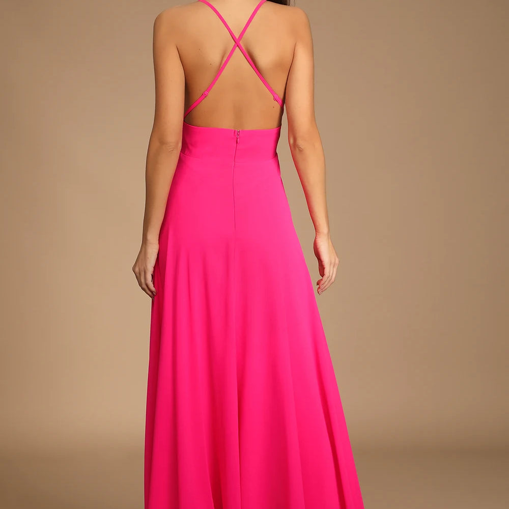 
                      
                        Back view of a woman wearing a Hot Pink Backless Maxi Dress by LuLu's
                      
                    