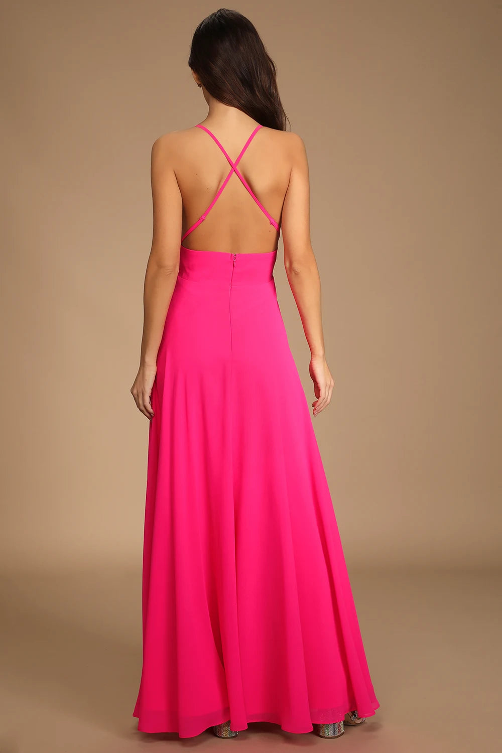 Back view of a woman wearing a Hot Pink Backless Maxi Dress by LuLu's