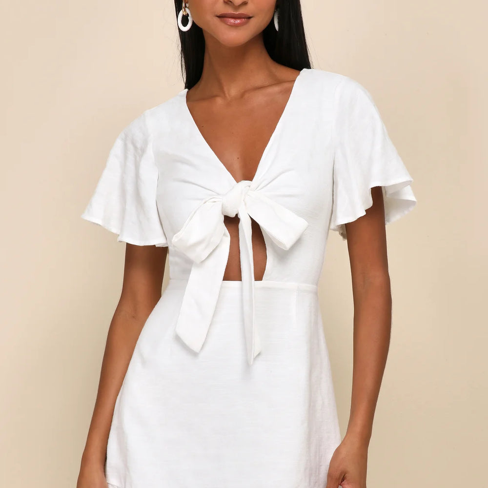 
                      
                        Front view of the Lulus Adorable Sensibility White Cutout Tie-Front Ruffled Mini Dress
                      
                    