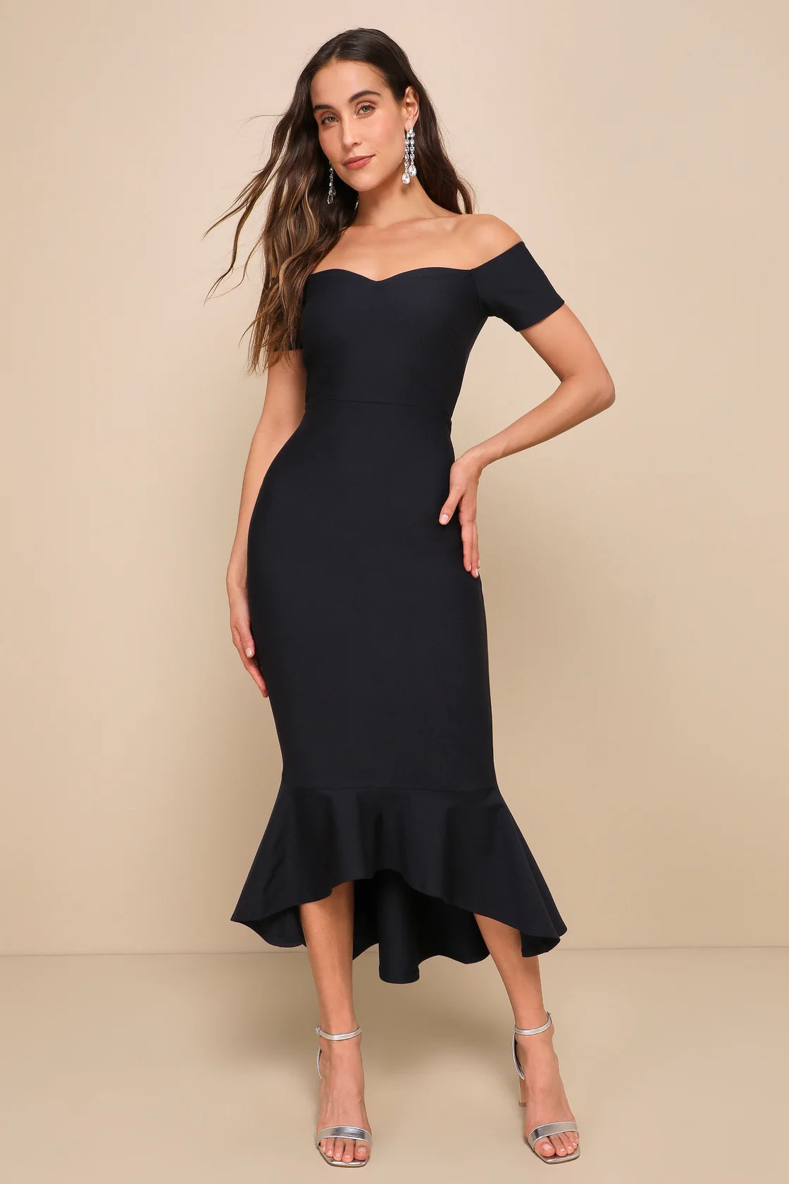 Front view of a woman wearing a Midnight Blue Off-the-Shoulder Midi Dress by LuLu's