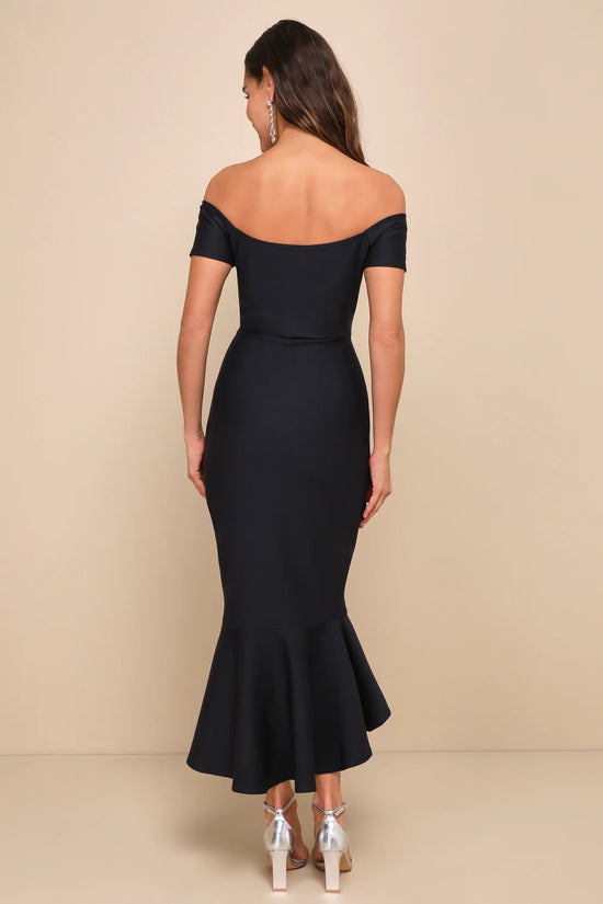 Back view of a woman wearing a Midnight Blue Off-the-Shoulder Midi Dress by LuLu's