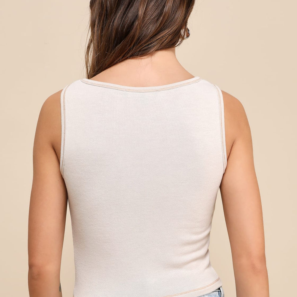 
                      
                        Back view of the Trendy Bliss Beige Seamed Square Neck Tank Top by Lulus
                      
                    