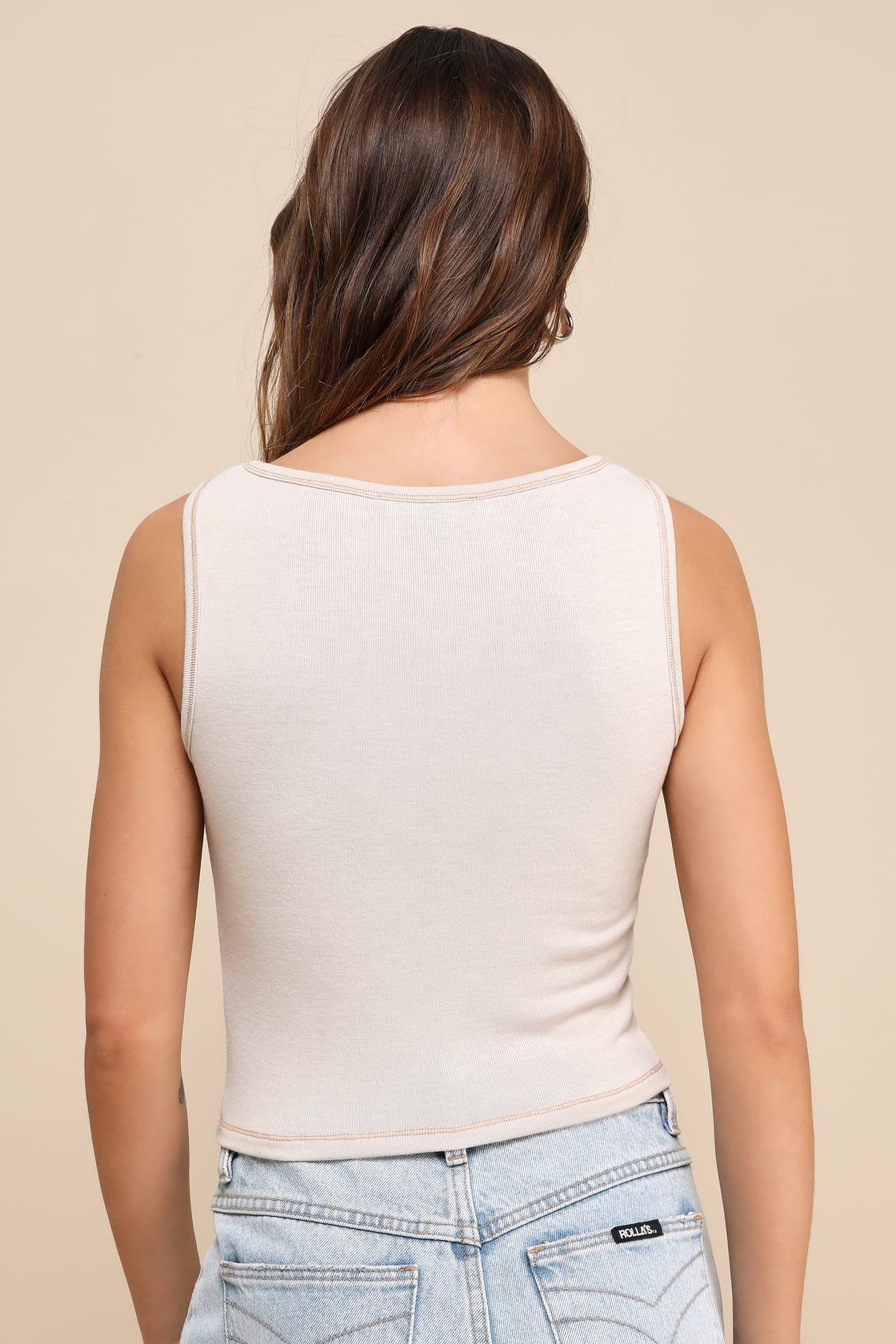 Back view of the Trendy Bliss Beige Seamed Square Neck Tank Top by Lulus