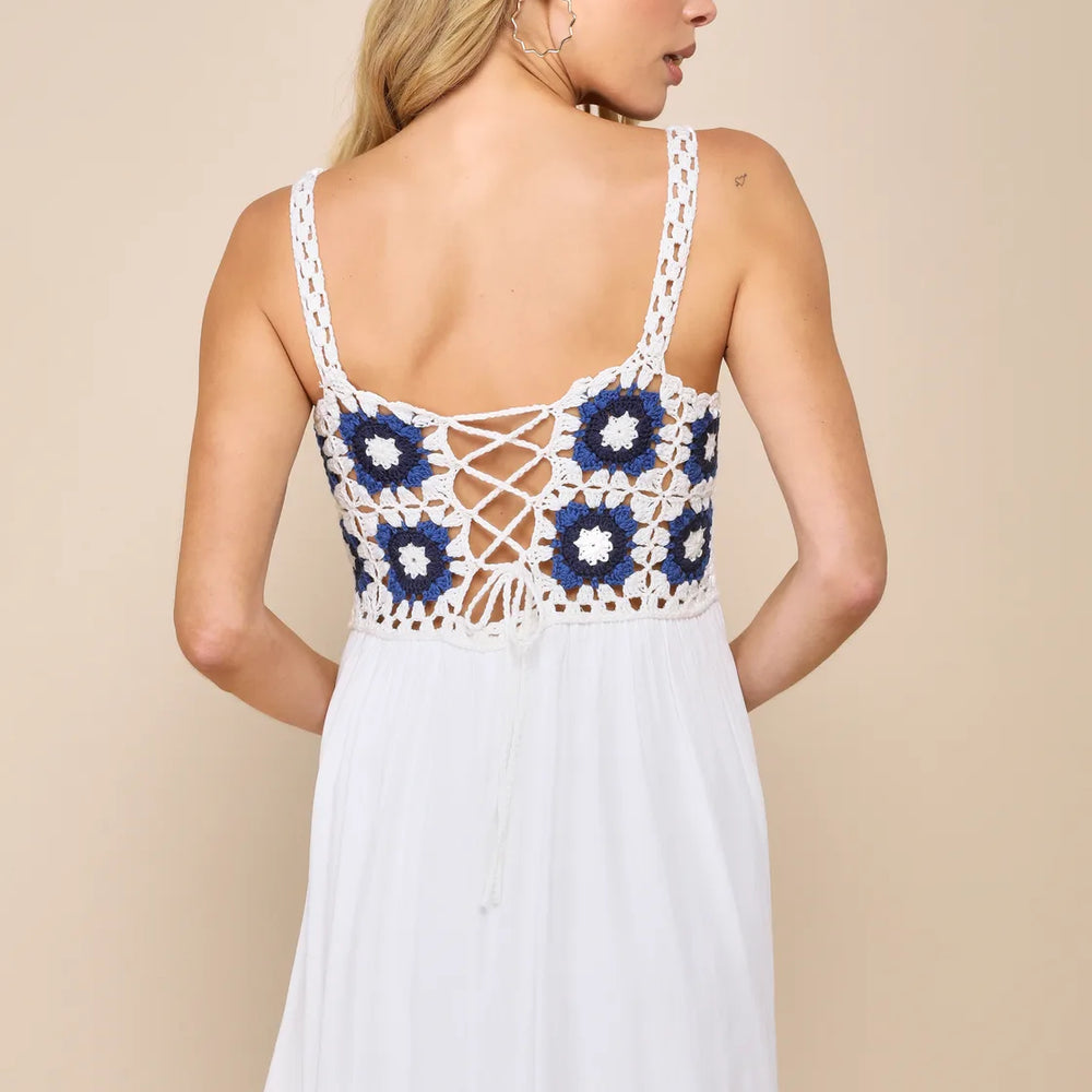 
                      
                        Back view of the Sunny Essence White and Blue Crochet Lace-Up Mini Dress by Lulus
                      
                    