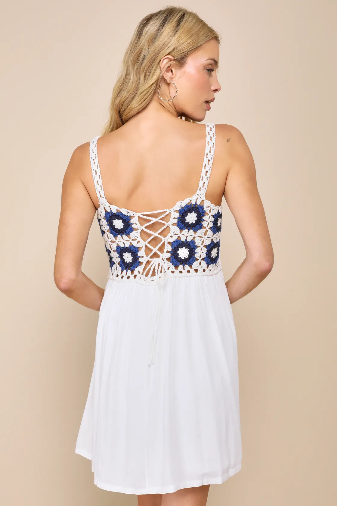 Back view of the Sunny Essence White and Blue Crochet Lace-Up Mini Dress by Lulus