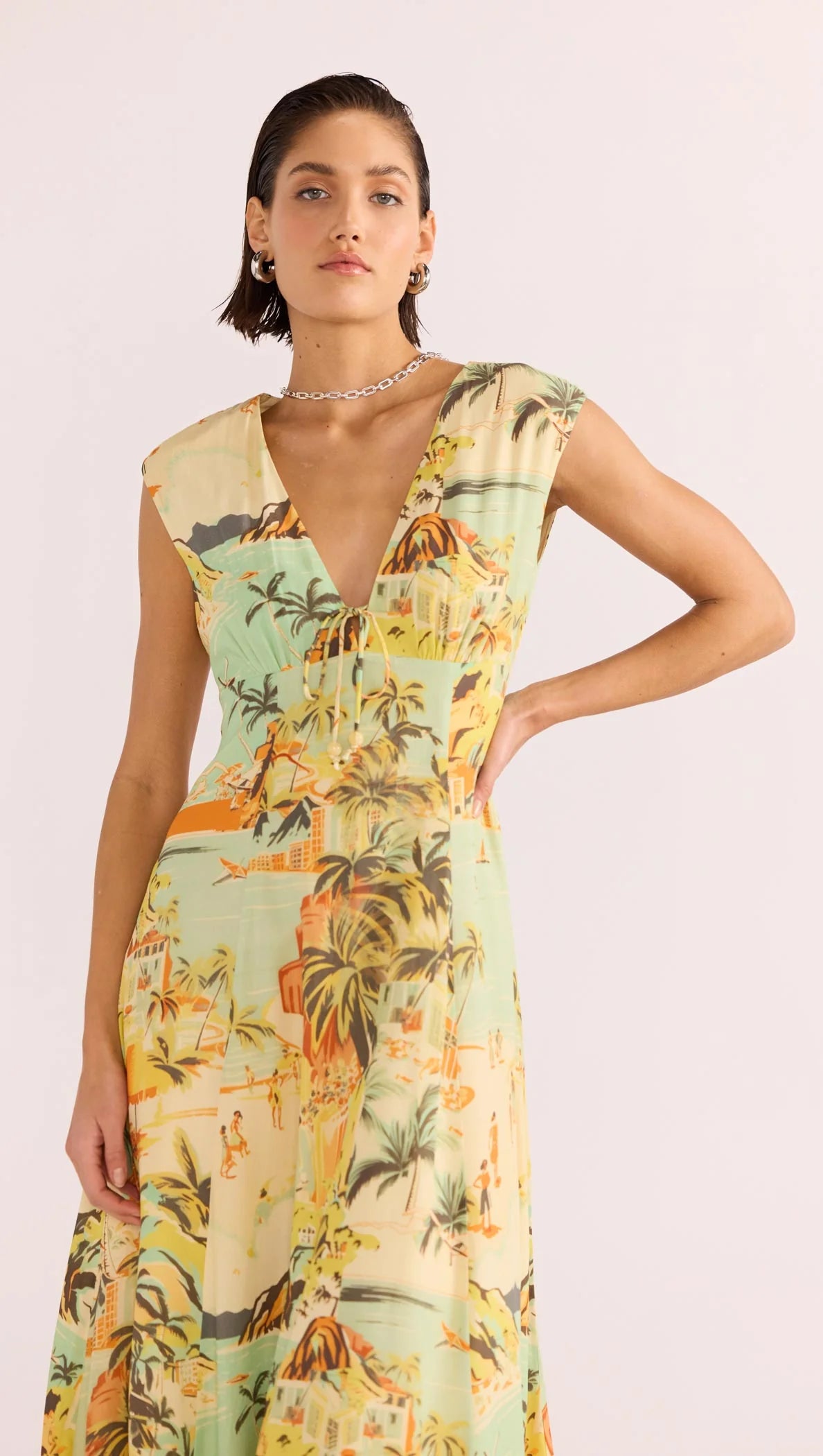 Women's tropical print midi dress with deep v-neckline