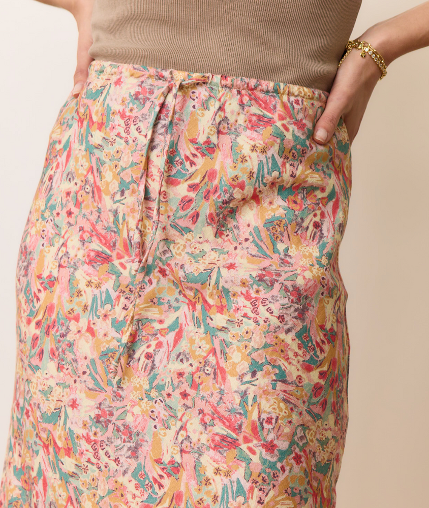 Multicolor floral print midi skirt with drawstring waist