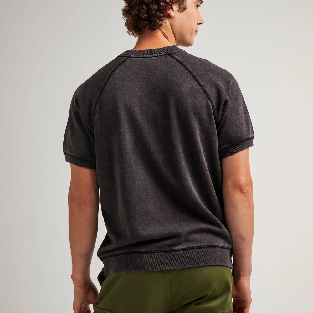 
                      
                        Back view of the Mineral Black Men's Recycled Fleece Raglan Sweatshirt by Richer Poorer
                      
                    