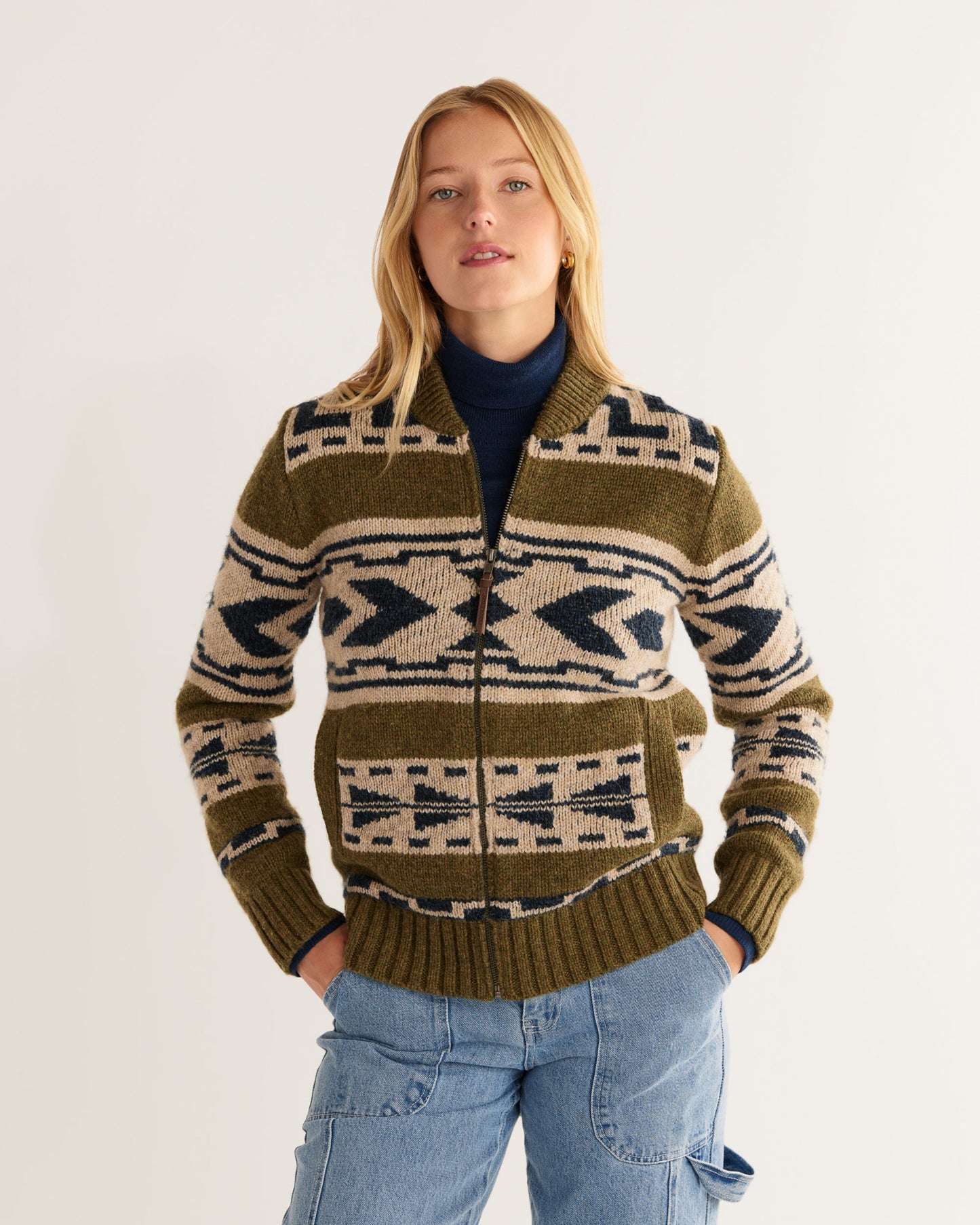 Pendleton Graphic Shetland Zip Sweater - Green Moss Multi