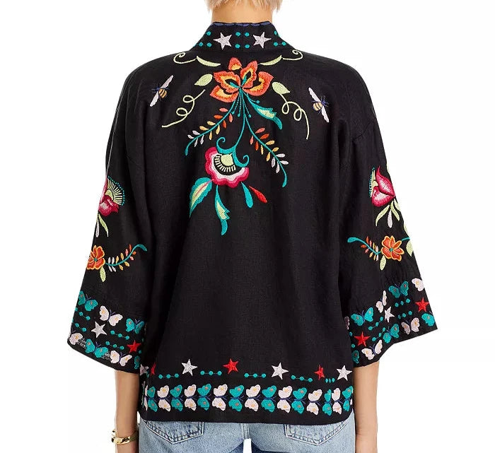 The Averi is an embroidered kimono from Johnny Was with a cropped fit