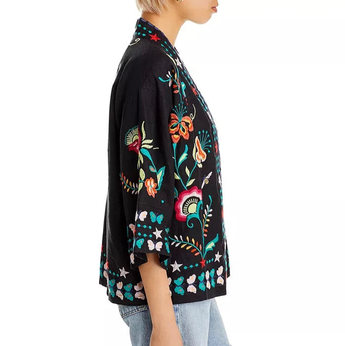 
                      
                        Multicolor floral embroidery adorns this cropped  open front kimono from Johnny Was
                      
                    