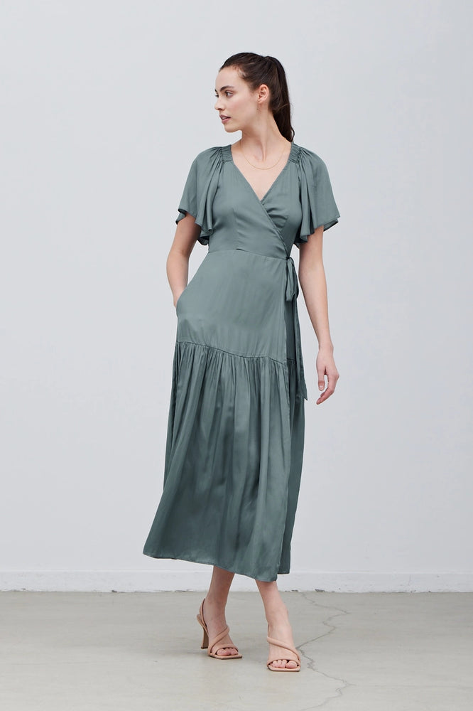 
                      
                        Women's dusty teal satin wrap maxi dress with pockets
                      
                    