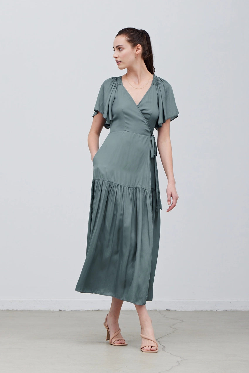 Women's dusty teal satin wrap maxi dress with pockets