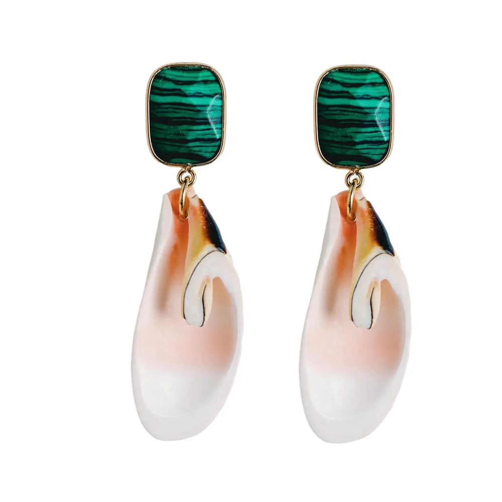 Shop the Pink Shell and Green Malachite Statement Earrings by St. Armands Designs of Sarasota at Harbour Thread.