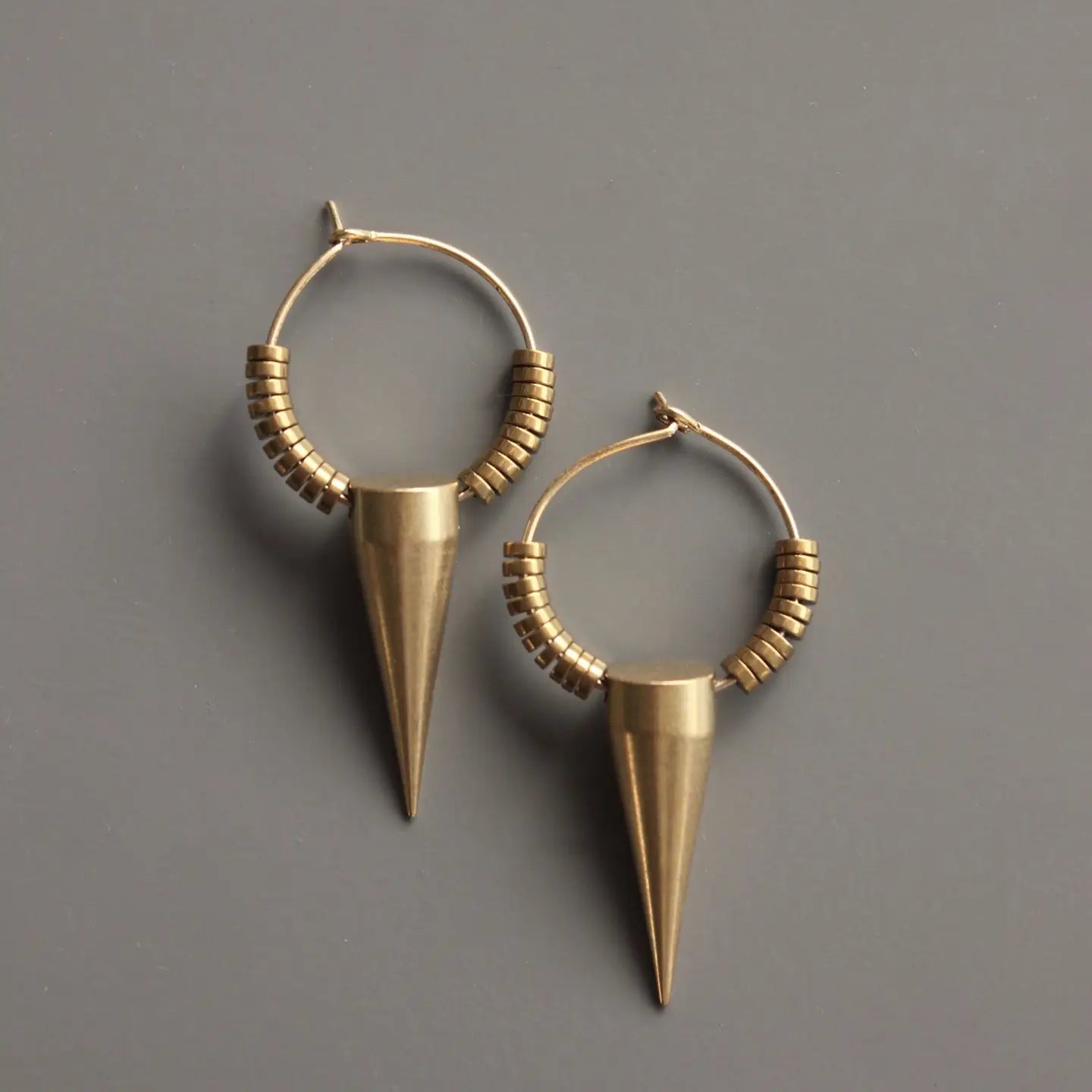 The Gold Plated Hematite and Brass Spike Hoops by David Aubrey Jewelry at Harbour Thread