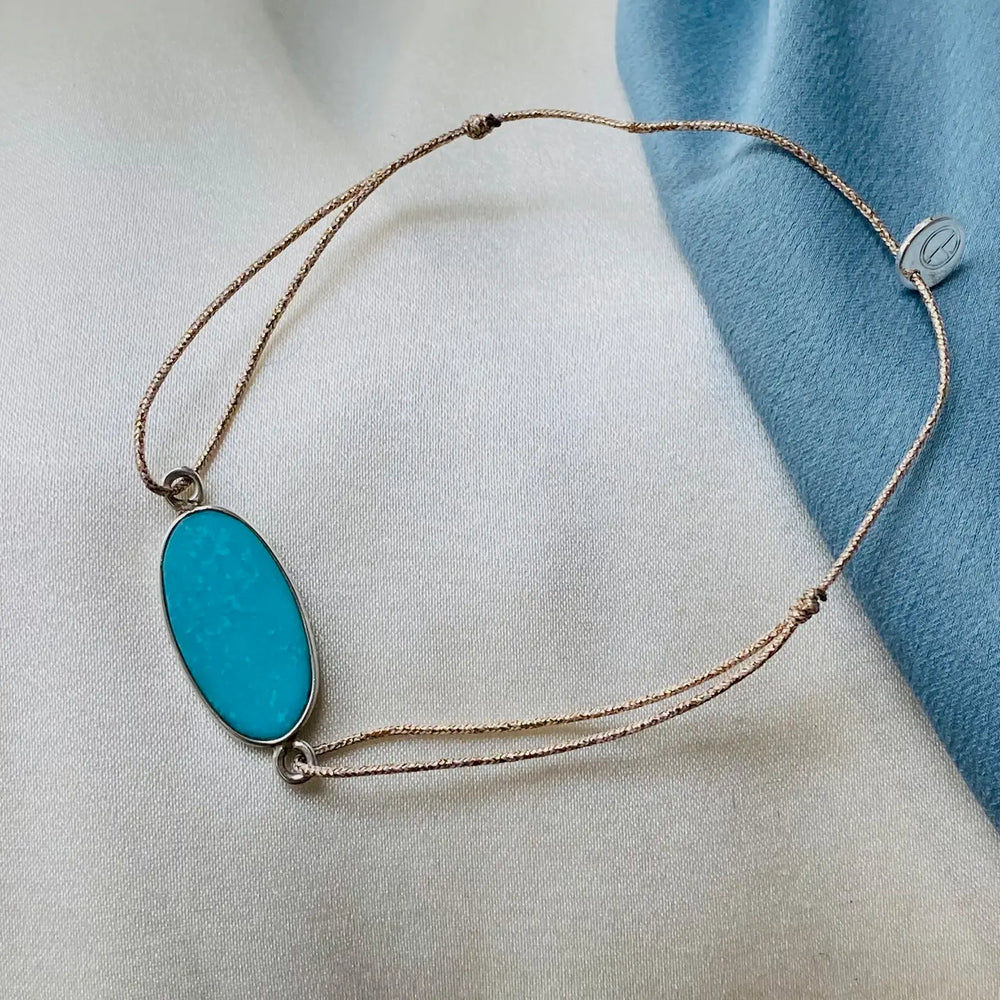 Detail on the silver and turquoise Kansas Bracelet by Sophie Deschamps Bijoux