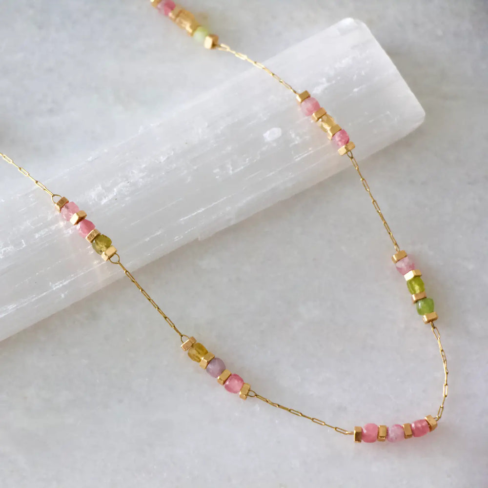 
                      
                        Detail on the Square Tourmaline Stone Beaded Chain Necklace by Mesa Blue
                      
                    