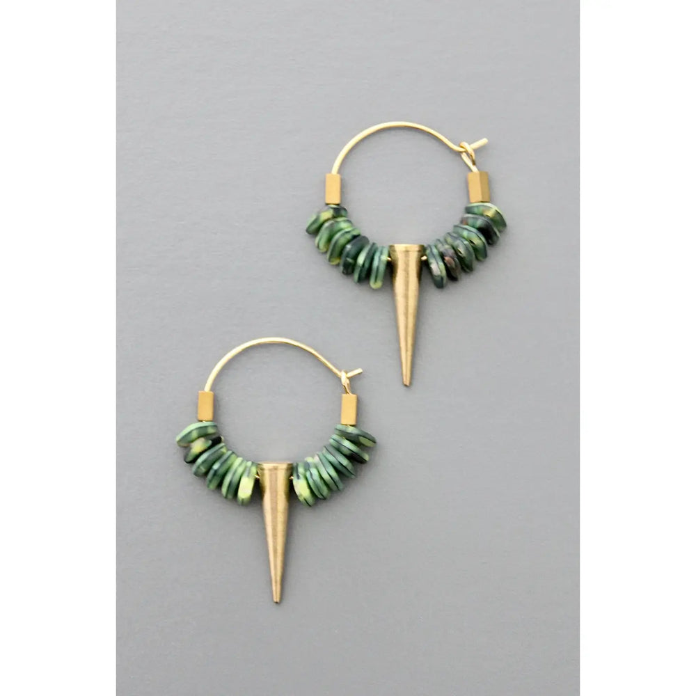 The Small Green Glass Spike Hoop Earrings from David Aubrey Jewelry at Harbour Thread.