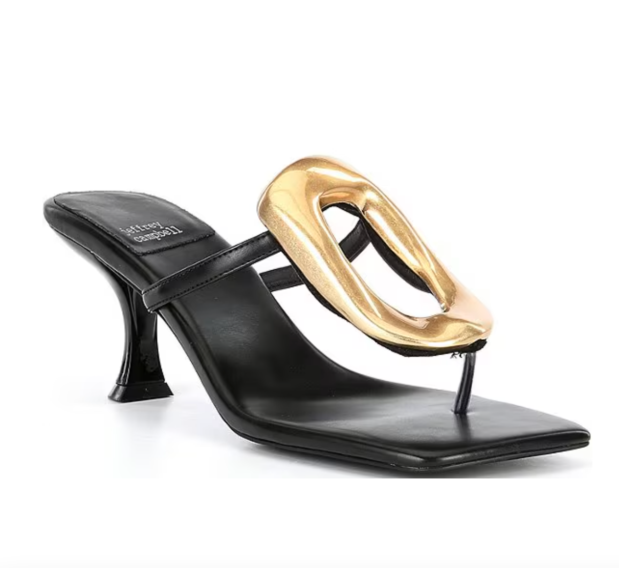 Shop the black and gold Linq Heeled Thong Sandals by Jeffrey Campbell at Harbour Thread. 