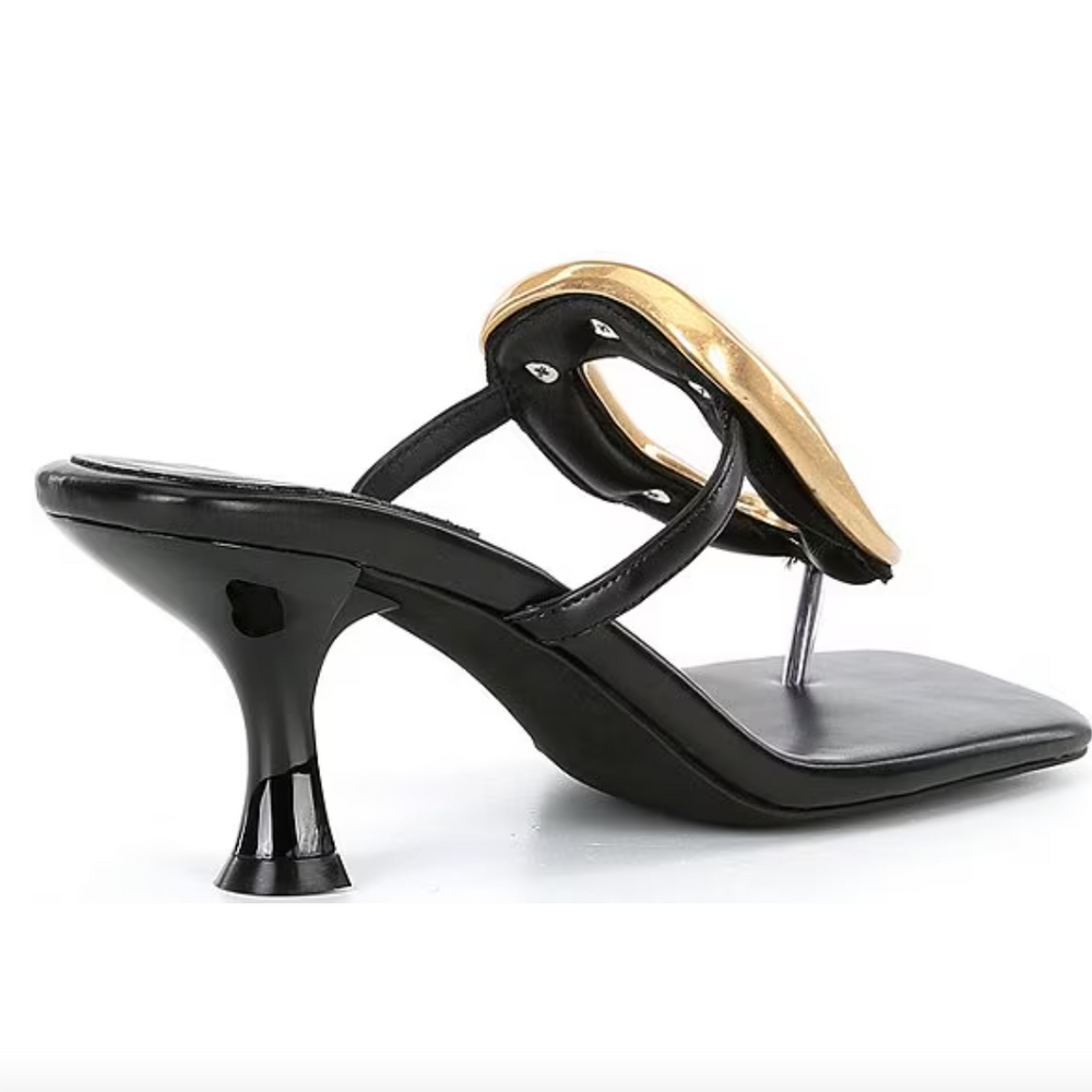 Black heeled sandal with gold hardware