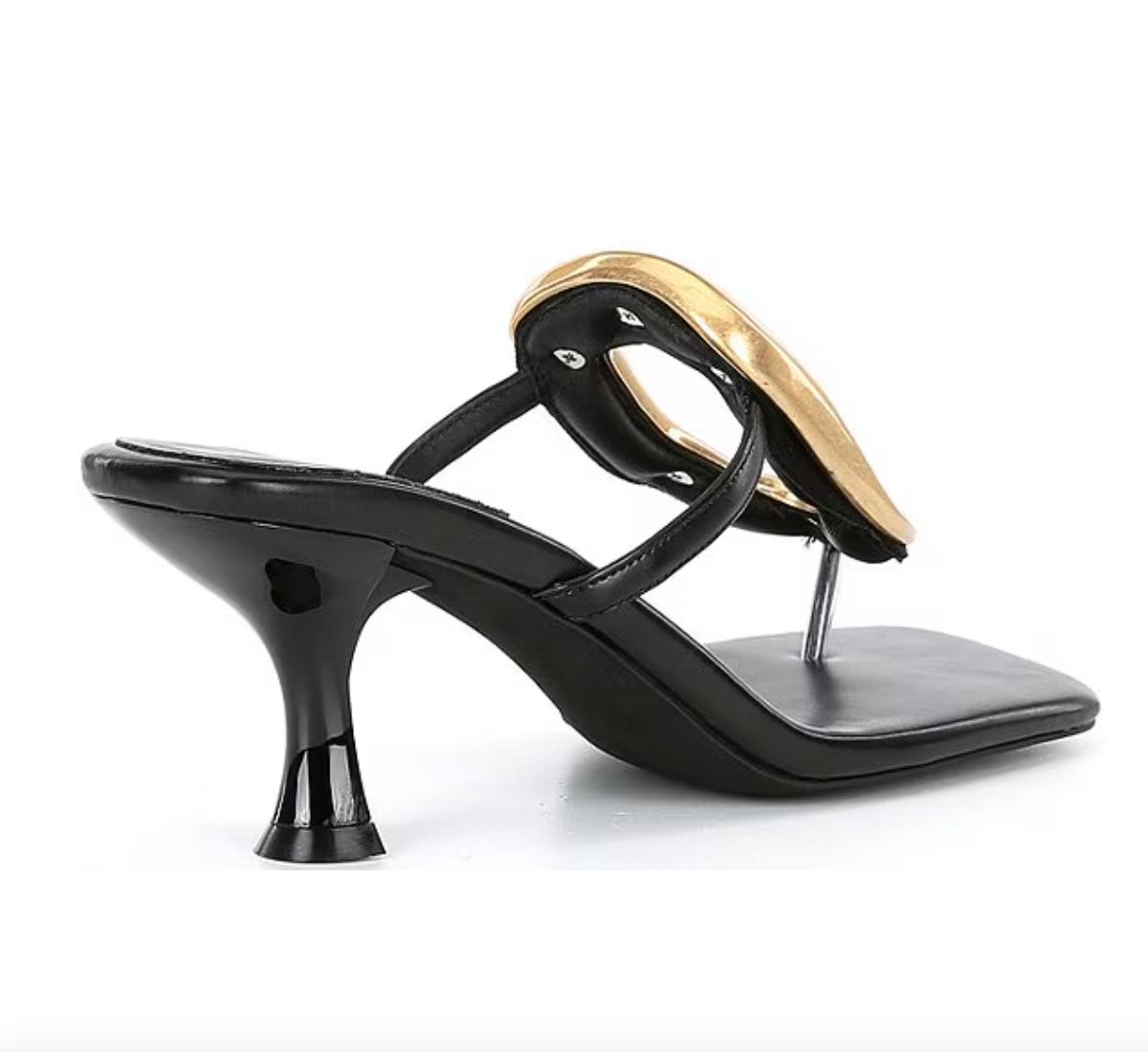 Black heeled sandal with gold hardware