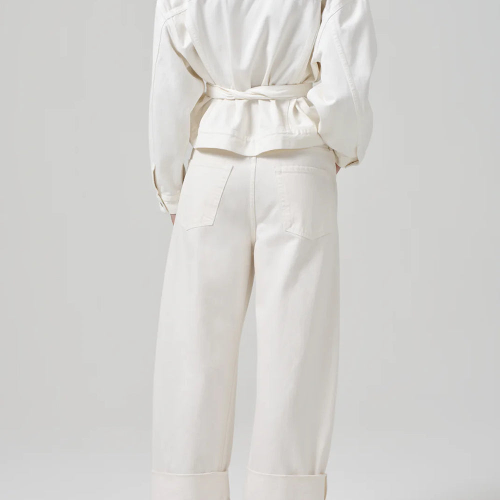 
                      
                        Back view of a woman wearing the Ayla Baggy Wide-Leg Women's Jeans in the color off-white color Pashmina 
                      
                    