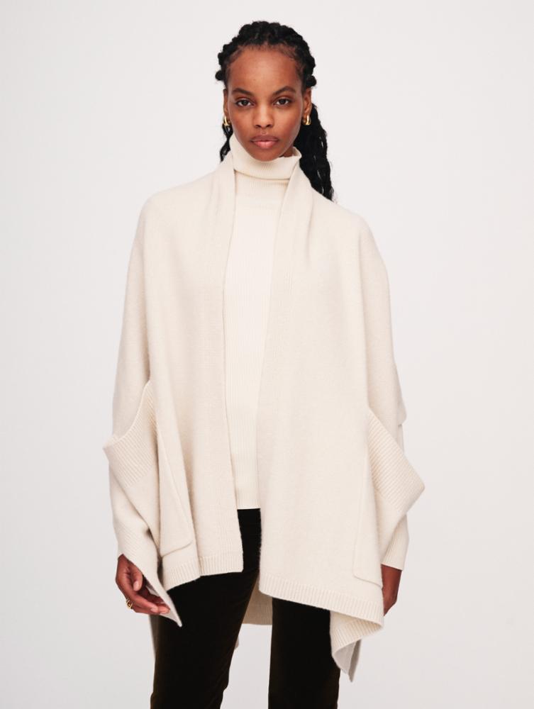 Front view of a woman wearing the Ivory Cashmere Blend Open Poncho by White + Warren