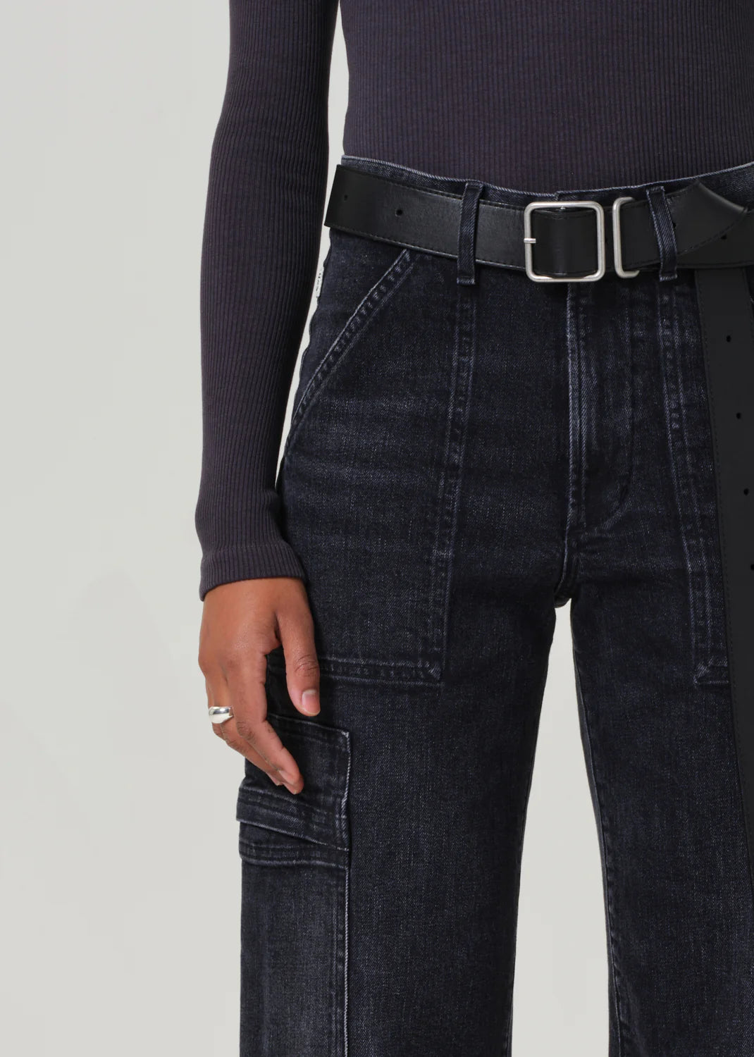 These black cargo jeans are crafted from a breathable but rigid, non-stretch twill with a soft hand feel