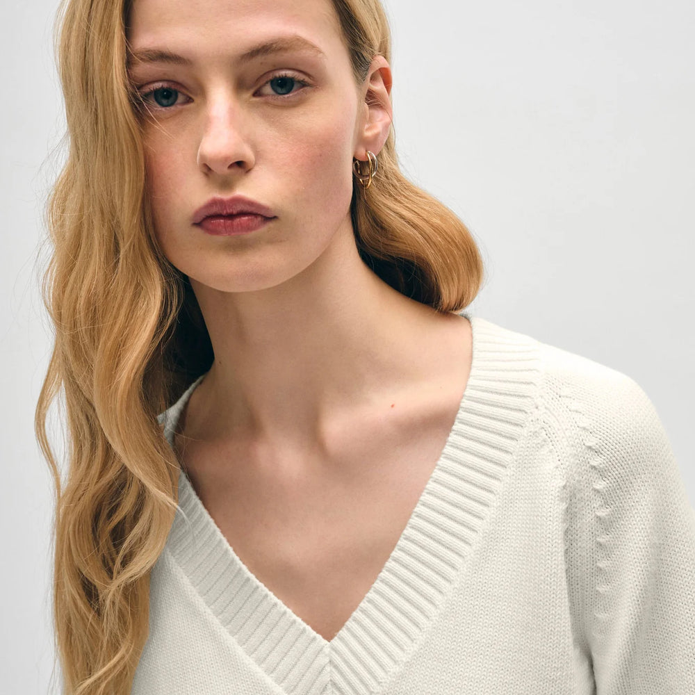 
                      
                        Front neckline detail view of the White + Warren Organic Cotton V Neck Sweater in the color White
                      
                    