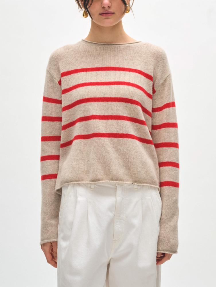 The Striped Cashmere Featherweight Roll Trim Crewneck by White + Warren