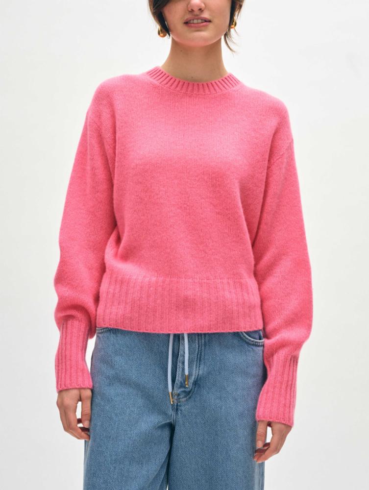 The Bright Tulip Pink Blouson Sleeve Crewneck by White + Warren