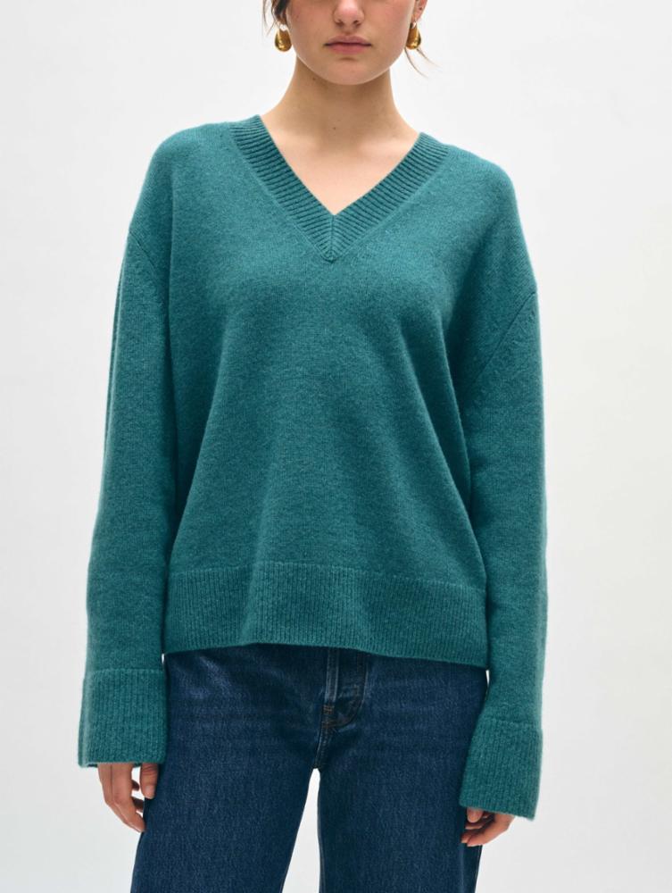 The Jade Heather Cashmere Rib Trim V-Neck Sweater by White + Warren