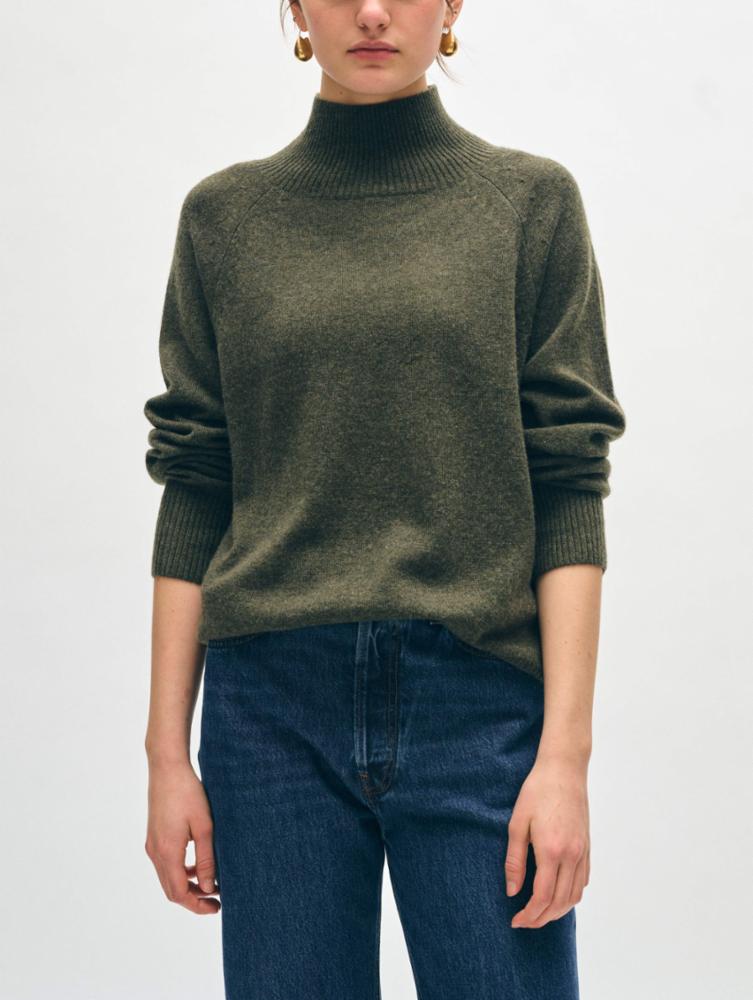 The Thyme Heather Cashmere Rib Trim Standneck Sweater by White + Warren