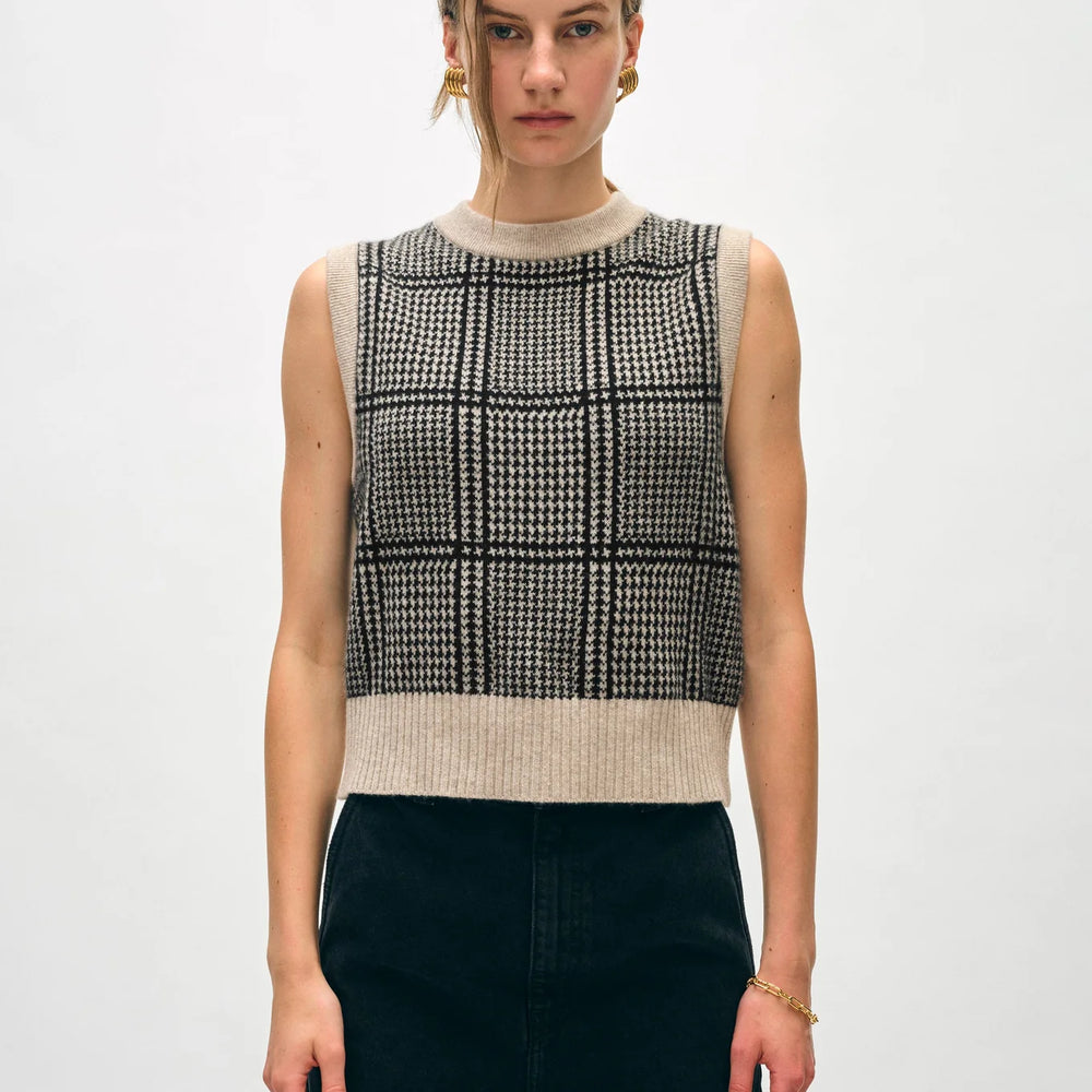 White + Warren Cashmere Brushed Houndstooth Shell - Sandwisp/Black